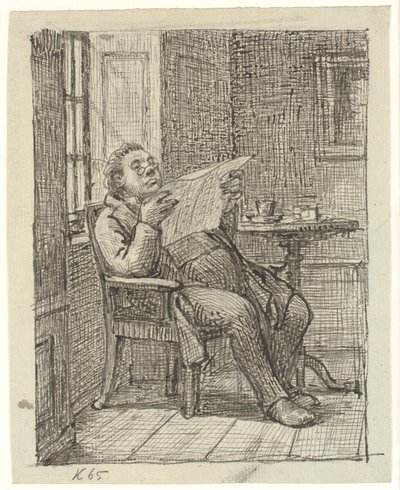 Um cavalheiro gordo lendo um jornal com seu café de Wilhelm Marstrand