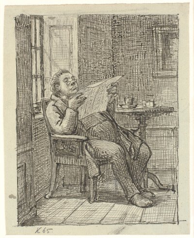 Um cavalheiro gordo lendo um jornal com seu café de Wilhelm Marstrand