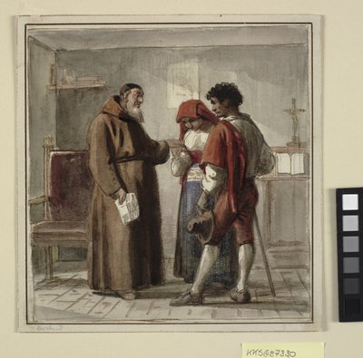 Um jovem casal de camponeses com um monge em sua cela de Wilhelm Marstrand