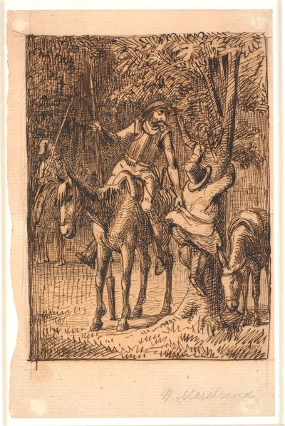 Antes da luta com o Cavaleiro dos Espelhos, Dom Quixote ajuda Sancho Pança a subir em uma árvore de Wilhelm Marstrand