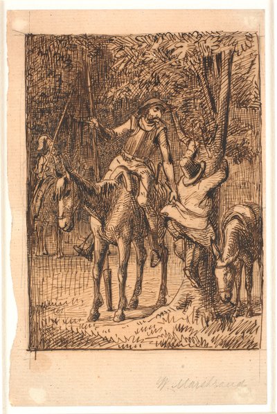 Antes da luta com o Cavaleiro dos Espelhos, Dom Quixote ajuda Sancho Pança a subir em uma árvore de Wilhelm Marstrand