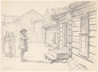 Rua em Orsa, Dalarne, com duas mulheres à esquerda, uma criança e um homem de Wilhelm Marstrand