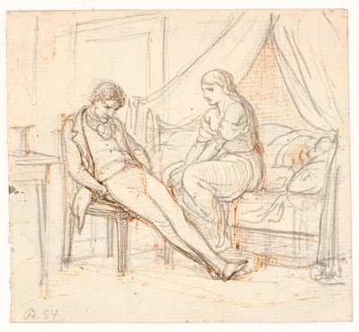 Interior com jovem desanimado e uma garota em uma cama de Wilhelm Marstrand