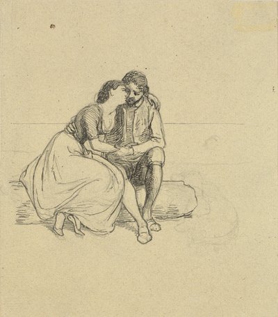 Casal de amantes em trajes nacionais sentado em um tronco de Wilhelm Marstrand