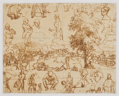 Landschaft mit Pferdewagen und zahlreichen Figurenskizzen de Wilhelm Marstrand