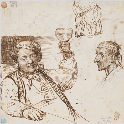 Homem com copo, cabeça de homem e dois homens em conversa de Wilhelm Marstrand