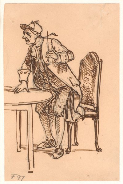 Homem com boné e cachimbo se levanta (discutindo?) em uma mesa de Wilhelm Marstrand