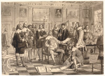 O plano para a Bolsa de Valores é apresentado à Chr. 4. na sala de audiências em Rosenborg de Wilhelm Marstrand