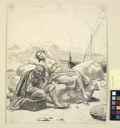 Menina dormindo e velho pescador na praia de Wilhelm Marstrand