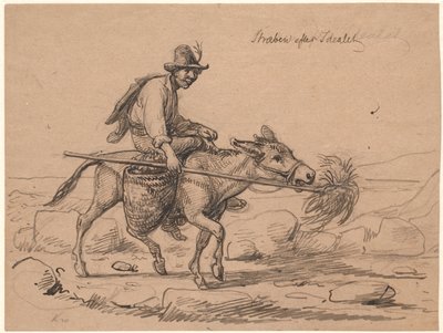 "A busca do ideal". Cavaleiro de burro italiano impulsiona o animal para a frente segurando um fio de feno em um poste ao focinho de Wilhelm Marstrand