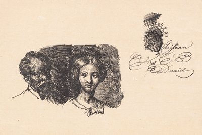 Folha de estudo com duas cabeças e um teste de escrita de Wilhelm Marstrand
