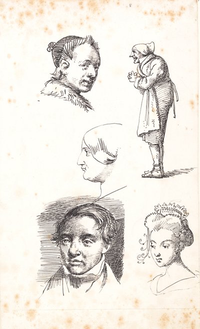 Folha de estudo com duas cabeças masculinas, duas cabeças femininas e um homem em pé de Wilhelm Marstrand