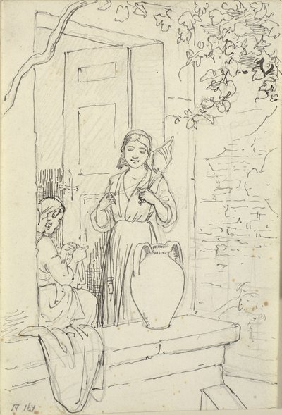 Duas mulheres italianas em uma porta, uma com dez de Wilhelm Marstrand