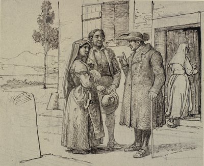 Do lado de fora de uma casa, um padre exorta um jovem casal de Wilhelm Marstrand