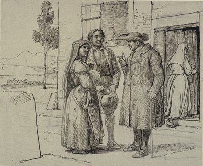 Do lado de fora de uma casa, um padre exorta um jovem casal de Wilhelm Marstrand