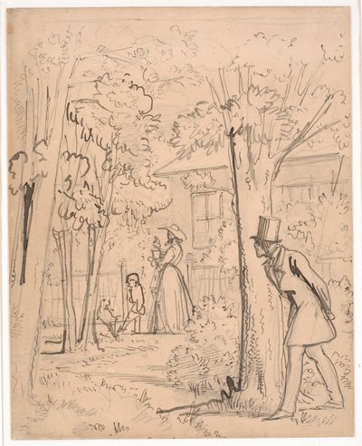 Jovem observa os movimentos de sua amada no jardim (à espreita) de Wilhelm Marstrand