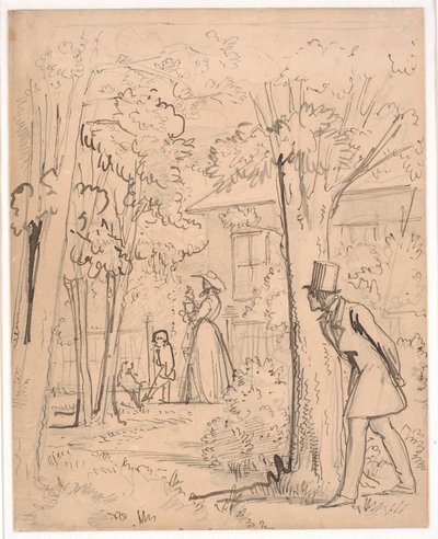 Jovem observa os movimentos de sua amada no jardim (à espreita) de Wilhelm Marstrand