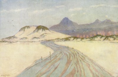 Na praia de Fish Hoek, as montanhas de Nord Hoek à distância (litografia a cores) de Wilhelm Westhofen