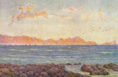 A parte sul da False Bay, com o Cabo Hangclip (litografia a cores) de Wilhelm Westhofen
