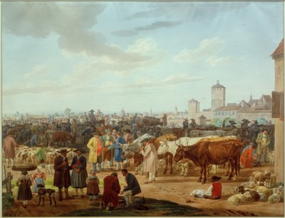 Mercado de gado à beira de uma cidade de Wilhelm von Kobell