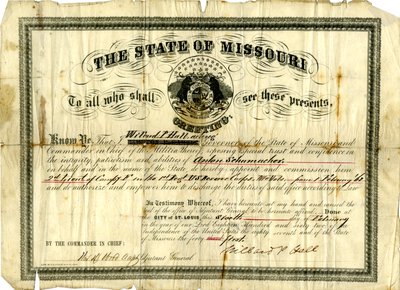 Comissão militar de Anton Schumacher como 2º Tenente da Companhia F no 1º Regimento USRC, Missouri Volunteers, 6 de fevereiro de 1862 de Willard P. Hall
