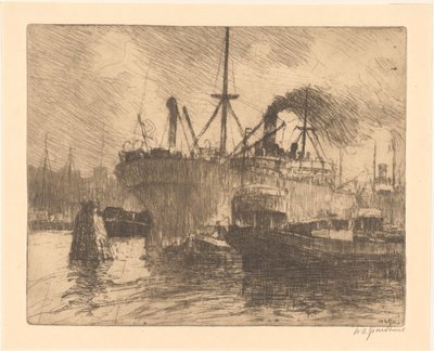 Navios ancorados no porto de Rotterdam de Willem Adrianus Grondhout (signed by artist)