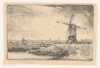 Paisagem com moinho de vento perto de Leiden de Willem Adrianus Grondhout (signed by artist)