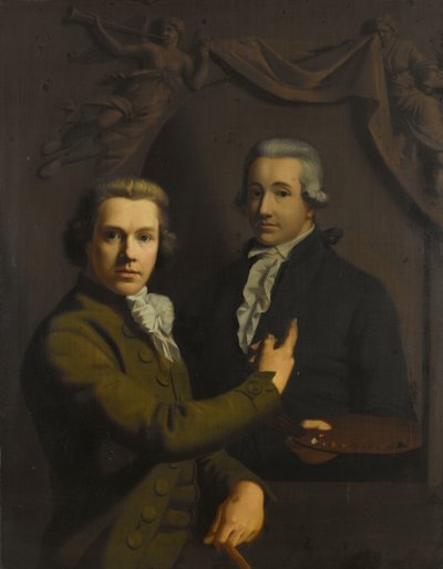 Auto-retrato, apontando para um retrato do falecido colega do artista Dirk Jacobsz Ploegsma (1769-91) de Willem Bartel van der Kooi
