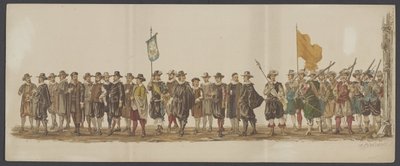 Desfile de Delft de 1862, sétimo e oitavo grupo Quarto Lustrum da Royal Academy em Delft - Ao. 1862 - Costumed Optogt (título da série no objeto) de Willem Bernardus IJzerdraat