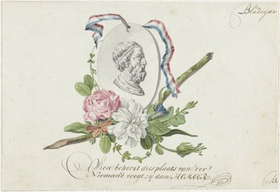 Vinheta com flores, medalhão de retrato e fita de Willem Bilderdijk