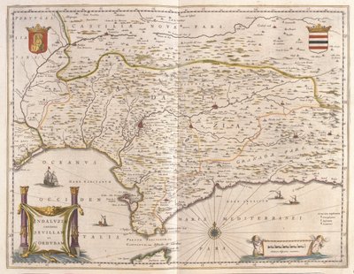 Andaluzia e cidade de Sevilha, Estreito de Gibraltar, em "Theatrum Orbis Terrarum, sive Atlas Novus" de Willem Blaeu, Amesterdão de Willem Blaeu