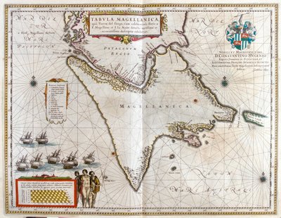 Argentina, Chile, Estreito de Magalhães, Terra de Fuego, em "Theatrum Orbis Terrarum, sive Atlas Novus" de Willem Blaeu, Amesterdão de Willem Blaeu