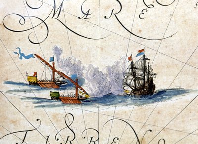 Batalha entre duas galeras e um caraque. Atlas de Willem Janszoon Blaeu (1571 - 1638) de Willem Blaeu