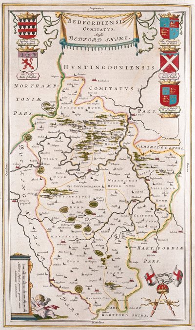 Condado de Bedford, em "Theatrum Orbis Terrarum, sive Atlas Novus" de Willem Blaeu, Amesterdão de Willem Blaeu