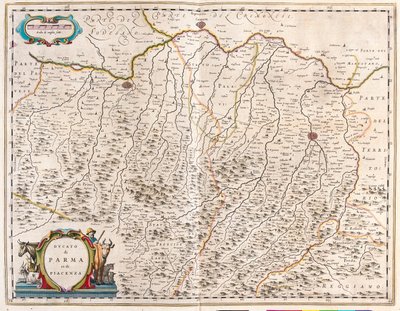 Cidades de Parma e Piacenza, Itália, em "Theatrum Orbis Terrarum, sive Atlas Novus" de Willem Blaeu, Amesterdão de Willem Blaeu