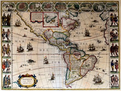 Mapa geográfico da América. Em "Le theatre du monde ou le nouvel atlas Amsterdam" produzido por Willem Janszoon Blaeu (1571-1638) de Willem Blaeu