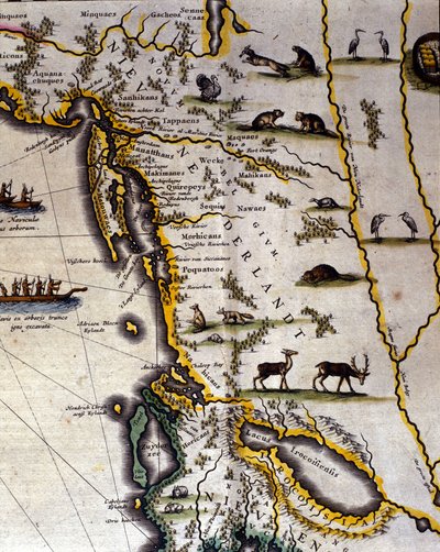 Mapa geográfico do Atlas Holandês do século XVII por Wilhelm Blaeu (1571-1638) mostrando os territórios americano e canadense povos animais de peles. O Norte está abaixo, de acordo com os costumes medievais. de Willem Blaeu