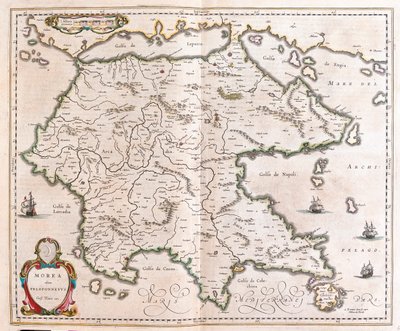 Grécia, Peloponeso, em "Theatrum Orbis Terrarum, sive Atlas Novus" de Willem Blaeu, Amesterdão de Willem Blaeu