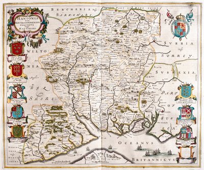 Hampshire e Southampton, em "Theatrum Orbis Terrarum, sive Atlas Novus" de Willem Blaeu, Amesterdão de Willem Blaeu