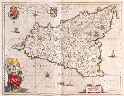 Ilha da Sicília, Itália, em "Theatrum Orbis Terrarum, sive Atlas Novus" de Willem Blaeu, Amesterdão de Willem Blaeu