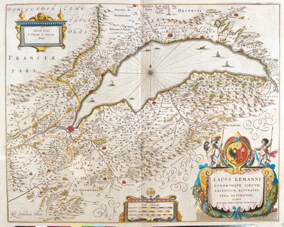 Lago de Genebra, em "Theatrum Orbis Terrarum, sive Atlas Novus" de Willem Blaeu, Amesterdão de Willem Blaeu