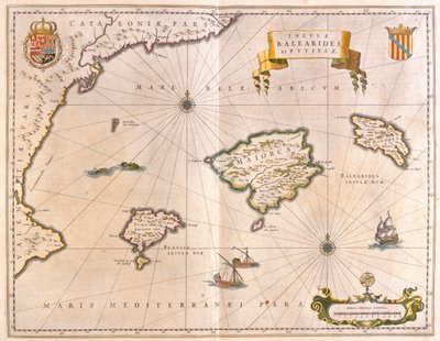 Maiorca, Menorca e Ibiza, incluindo as costas da Catalunha e de Valência, em "Theatrum Orbis Terrarum, sive Atlas Novus" de Willem Blaeu, Amesterdão de Willem Blaeu