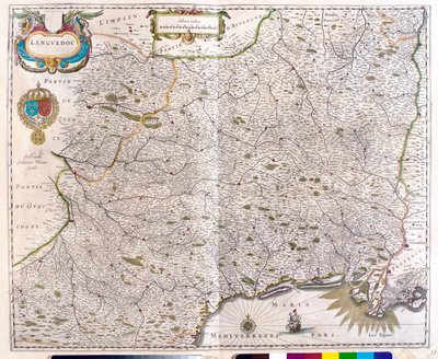 Mapa que cobre Languedoc - Roussillon - Montpellier - Toulouse - Avignon - Arles, em "Theatrum Orbis Terrarum, sive Atlas Novus" de Willem Blaeu, Amesterdão. de Willem Blaeu