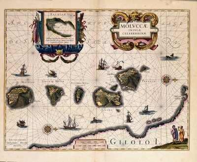 Mapa das Ilhas Molucas a leste da Indonésia. (Gravura de Willem Blaeu