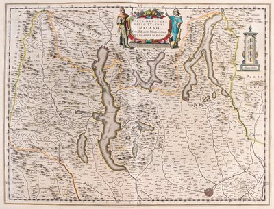 Milão, com os lagos: Maggiore, Lugano e Como, Itália-Suíça - em "Theatrum Orbis Terrarum, sive Atlas Novus" de Willem Blaeu, Amesterdão de Willem Blaeu