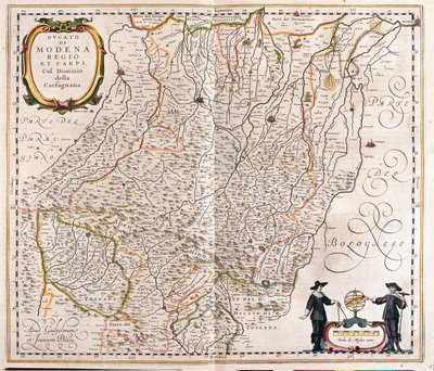 Modena, Reggio Emilia, Carpi, parte final de Garfagnana, Itália, em "Theatrum Orbis Terrarum, sive Atlas Novus" de Willem Blaeu, Amesterdão de Willem Blaeu