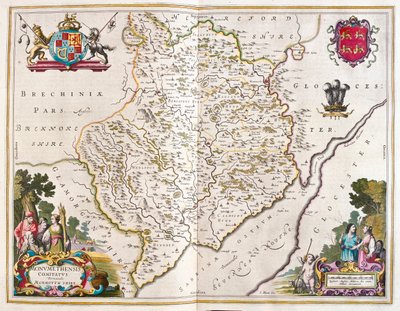 Monmouth shire (Inglaterra e País de Gales), em "Theatrum Orbis Terrarum, sive Atlas Novus" de Willem Blaeu, Amesterdão de Willem Blaeu