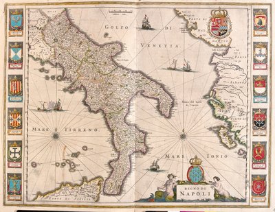 Nápoles, Itália, em "Theatrum Orbis Terrarum, sive Atlas Novus" de Willem Blaeu, Amesterdão de Willem Blaeu