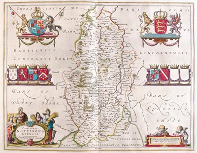 Condado de Nottingham, em "Theatrum Orbis Terrarum, sive Atlas Novus" de Willem Blaeu, Amesterdão de Willem Blaeu