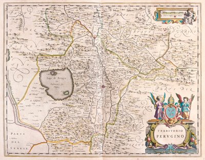 Perugia, Itália, em "Theatrum Orbis Terrarum, sive Atlas Novus" de Willem Blaeu, Amesterdão de Willem Blaeu